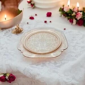 Vintage Pink Depression Glass Plate – “Adam” Pattern by Jeannette – 8" Square